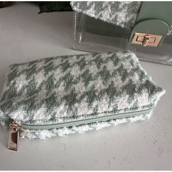 Houndstooth Handbag & Pouch Set - Green & White Pattern With Clear Accents - Picture 8 of 13